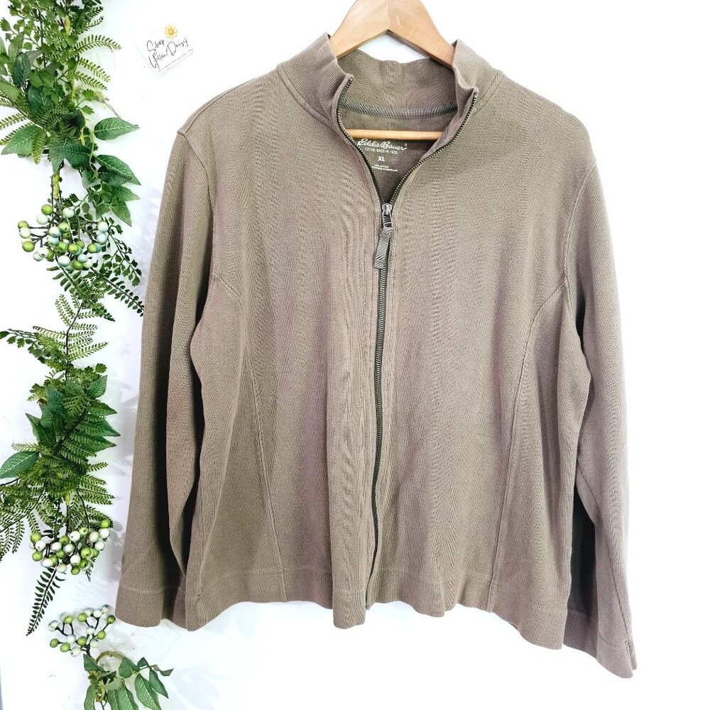 Eddie Bauer Women Full Zip Cotton Ribbed Sweater Olive Gorpcore Earthy Utility
